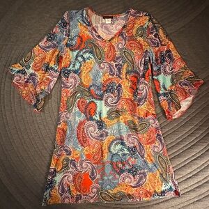 Paisley Print V-Neck Bell Sleeve Dress